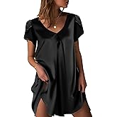 Ekouaer Women's Satin Nightgown Short Sleeve Sleepdress V-Neck Sleepwear Loose Silk Sleepshirt