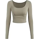 ZAFUL Women Long Sleeve Shirts Going Out Crop Tops Basic Scoop Neck Ruched Slim Fit Fall Outfits Trendy Y2k Clothes