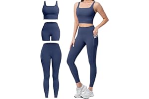 SALSPOR 3 Piece Workout Sets for Women High Waisted Leggings with Pockets Tummy Control Biker Shorts Yoga Sports Bra