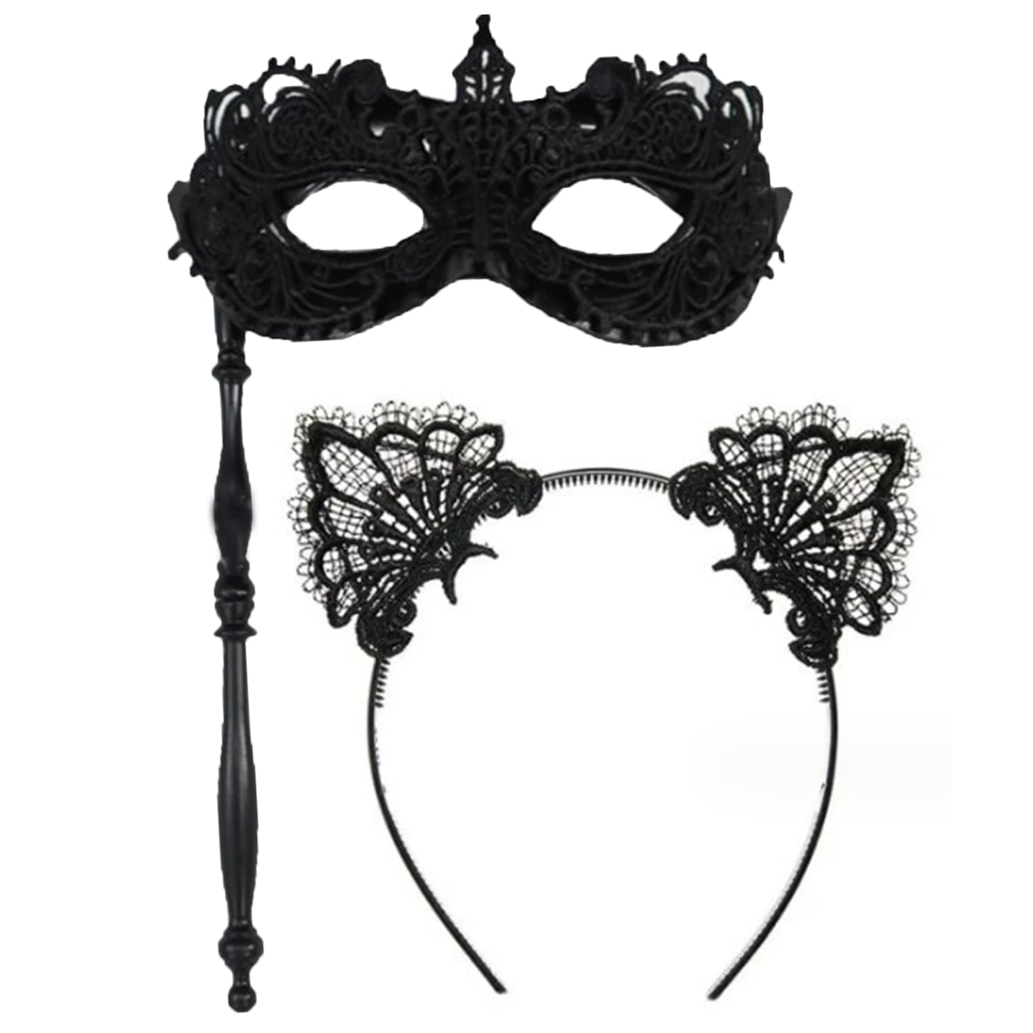 AOVNA 2Pcs Lace Costume Accessories Masquerade Mask with Stick Cat Ears Headband Lace Mask Headband Party Supplies Fancy Dress for Halloween Masquerade Cosplay