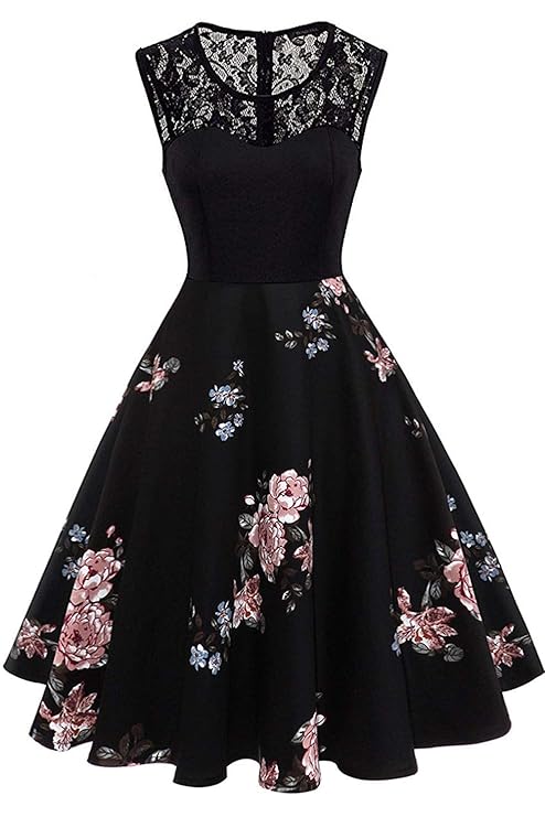 Axoe Damen 50er Jahre Rockabilly Kleid mit Blumenmuster Ärmellos