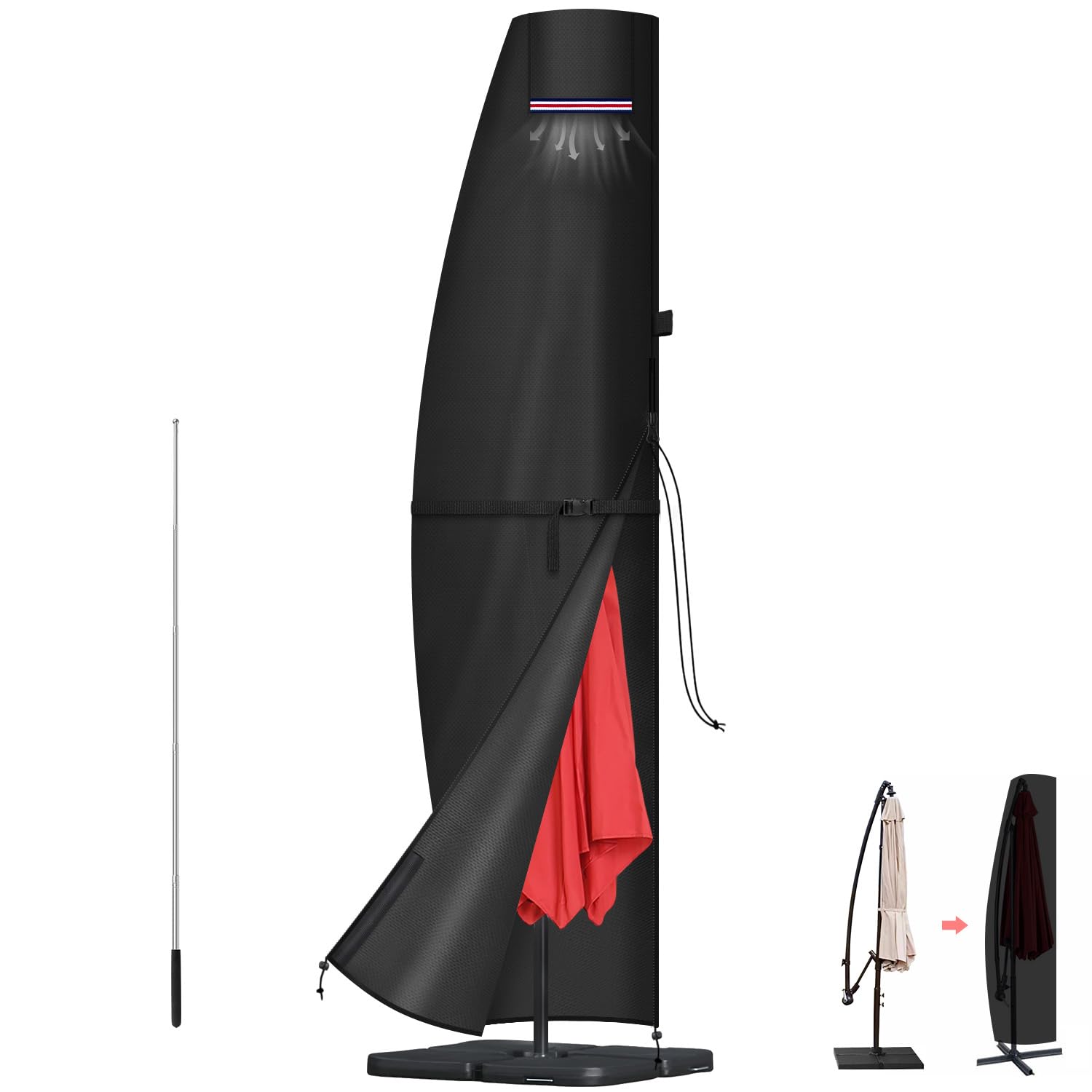 LAMUNI Garden Umbrella Cover Large Garden Parasol Covers for Ø5m Cantilever Parasol Protective Cover Waterproof Garden Umbrella Parasol Cover Outdoor Umbrella Covers with Zip and Rod, 280x40/81/50cm