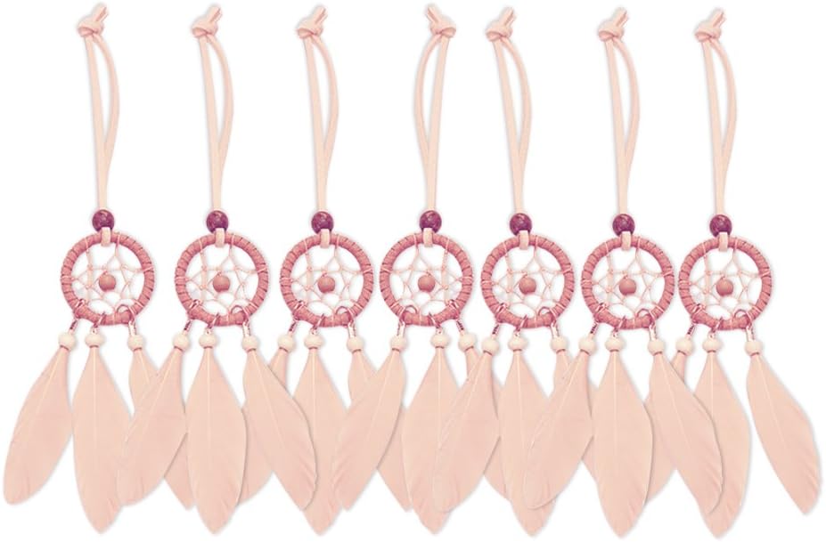 Mini Dream Catcher 7pcs Set - Car Interior Rearview Mirror Dangle Bag Pendant Charm 1.2" Diameter and 9" Long (Pink)