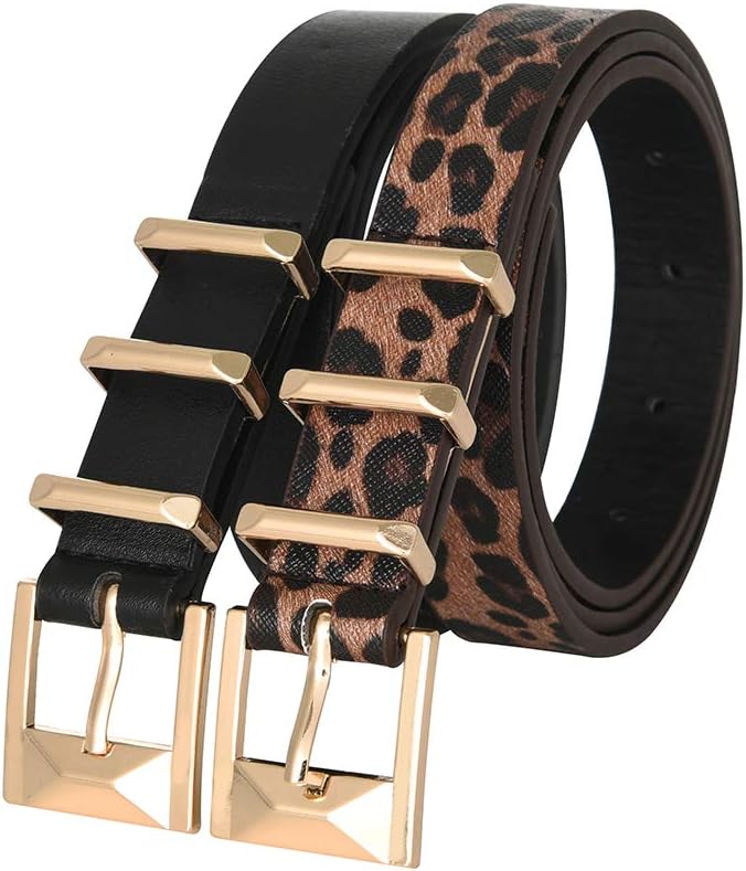 Women Belt 2 Pack Waist Skinny Dress Belts Gold Solid Pin Buckle Belt for Jeans Pants