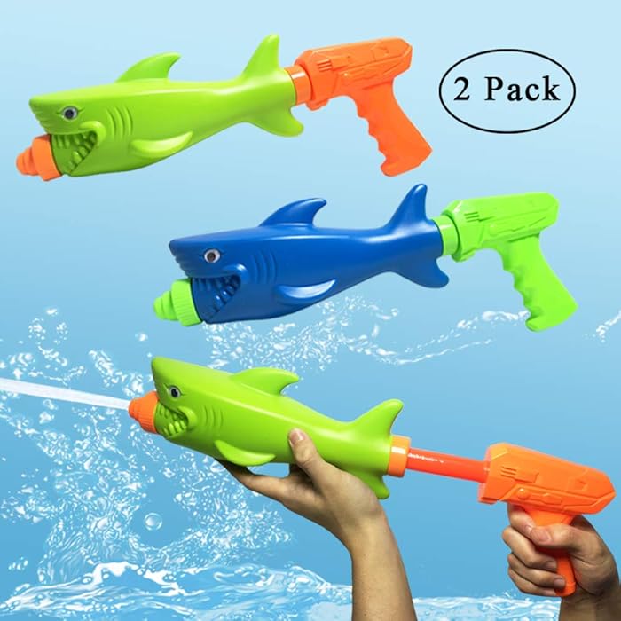 JollySweets Water Blaster Toys Set, Super Pump Shark Water Fighting Toys Outdoor Summer Swimming Beach Pool Games Toy 2 Pack,