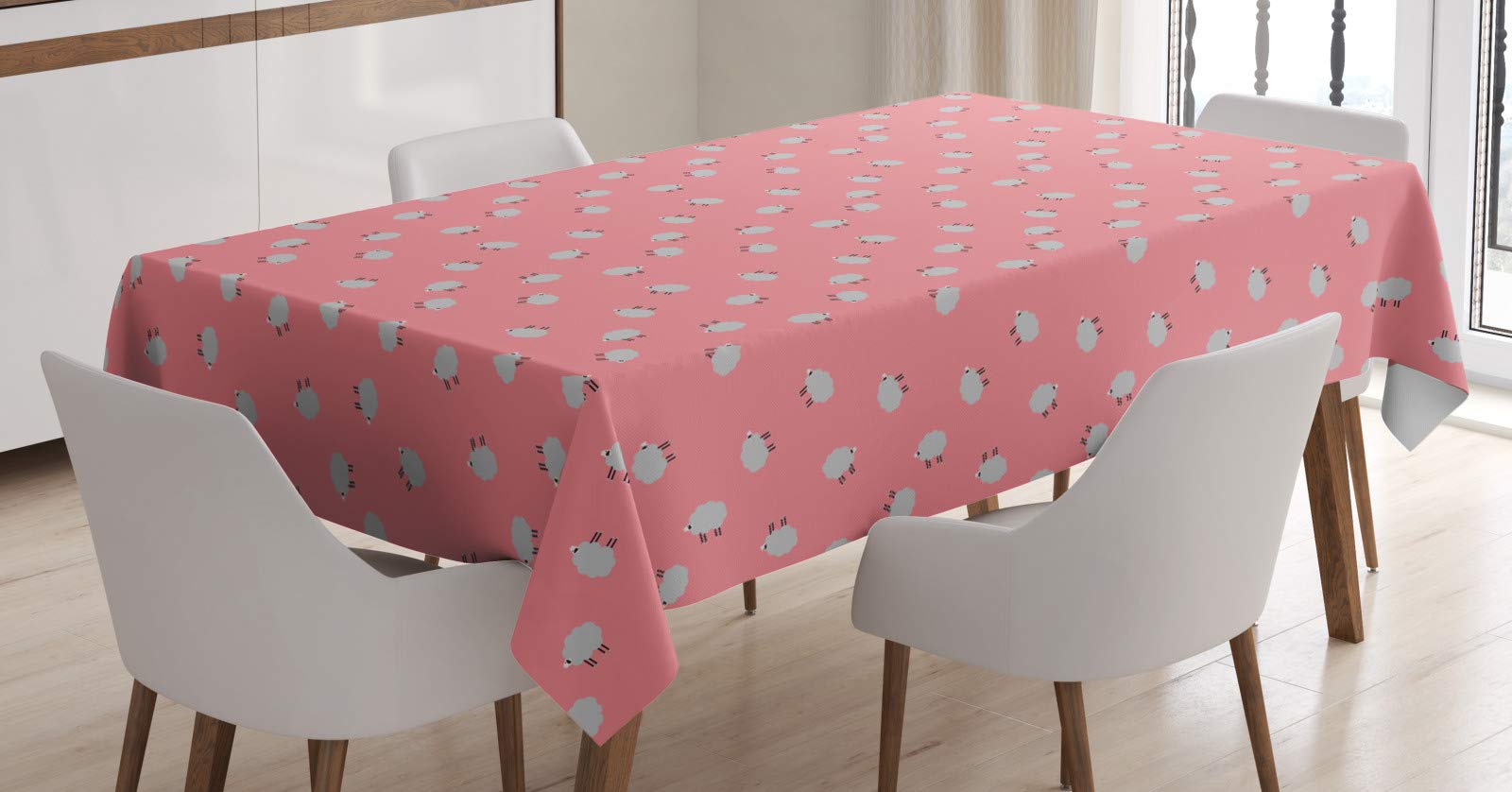 ABAKUHAUS Sheep Tablecloth, Cartoon Style Repetitive Fluffy Animals Farm Creatures, Dining Room Kitchen Table Cover, Rectangular 140 x 200 cm, Pink Grey