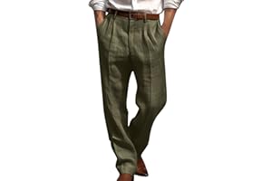 Finelylove Cotton Linen Pants Men Straight Leg Pleated Work Dress Pants Relaxed Fit Casual Leisure Chino Trousers