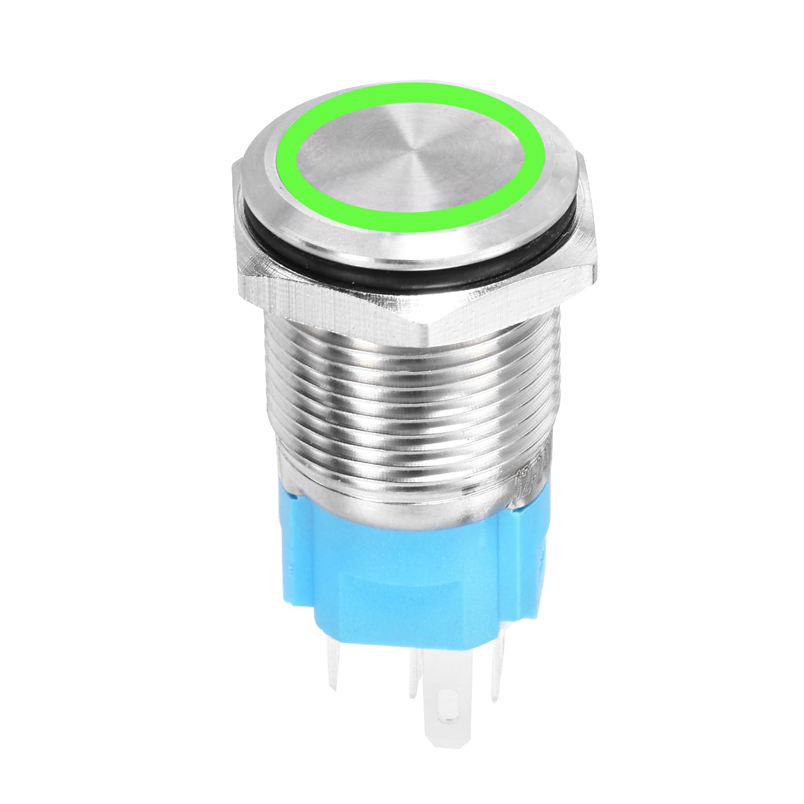 DMiotech 16mm / 5/8" Stainless Steel Momentary Push Button Switch Flat Head 5A 12-24V Silver Shell with Welding Foot Green LED 1NO1NC for Car Boat Systems Custom Setups