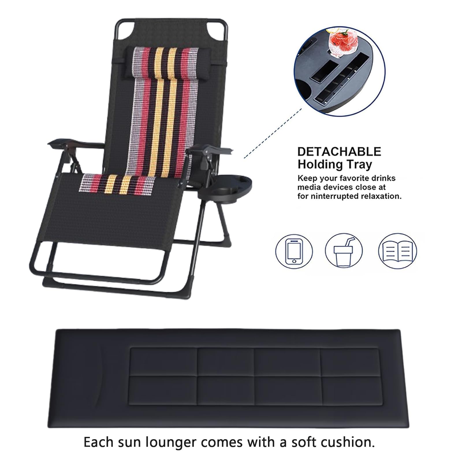OVLRIJP Garten Liegestuhl Klappbar, Extra Breit 72cm Klappbare Gartenliege, Sonnenliege Klappbar, Klappliegestuhl mit Getränkehalter & Kissen, Relaxliege für Outdoor Garten Balkon (Strip-mit Kissen) 4