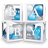 Keencopper Elephant Baby Shower Decorations for Boy Or Girl, 4 Pcs Baby Blocks Clear Balloon Boxes with BABY, A-Z Letters for