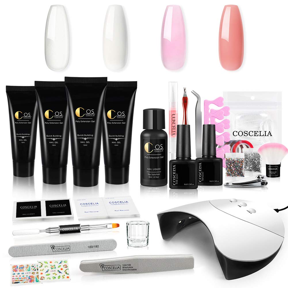 4 Colors Poly Nail Gel Kit with 36W LED Nail Lamp Nail Extension Gel Kit Professional Nail Technician All-in-One French Kit