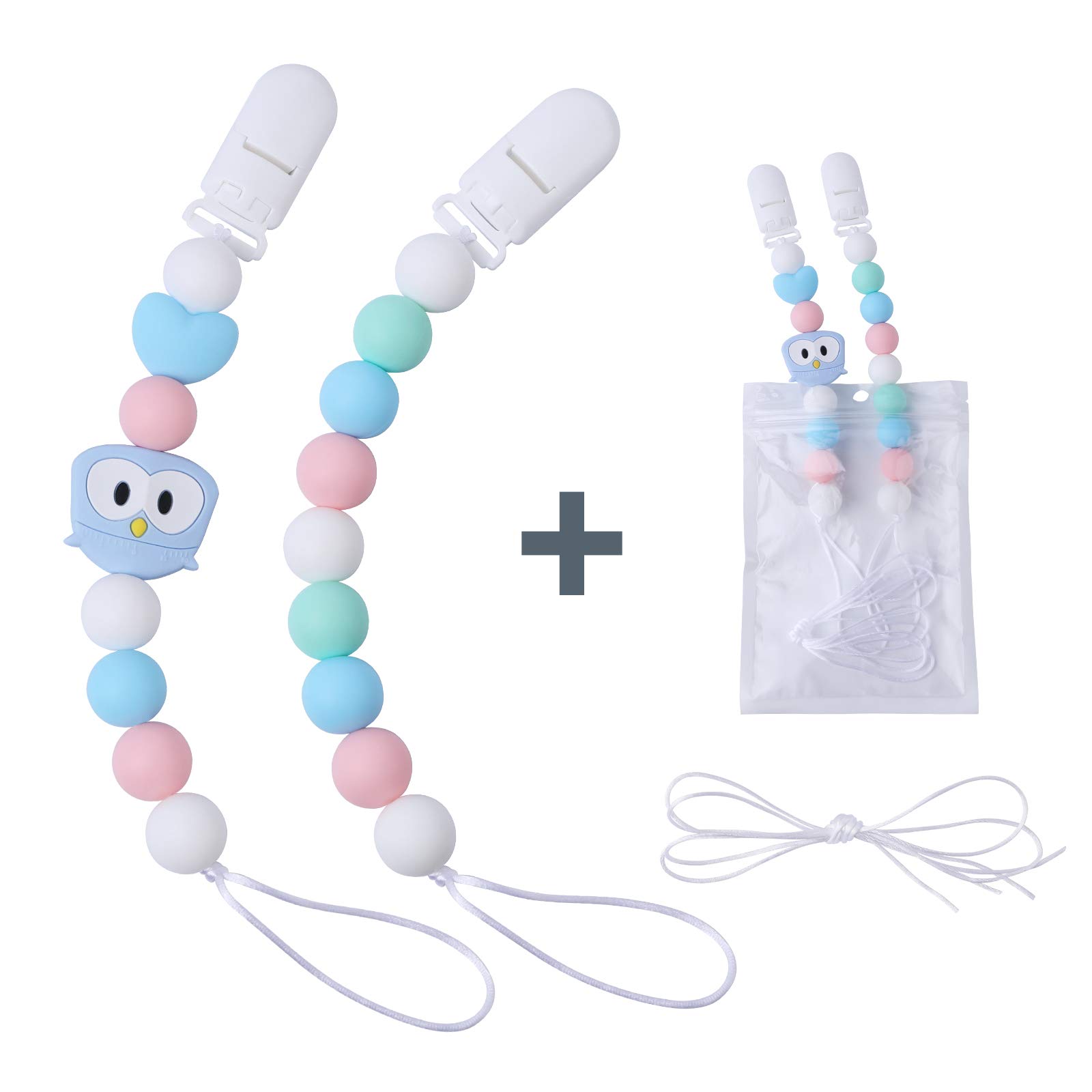 Silicone Pacifier Clip for Boys and Girls 2 Packs Unisex Teething Beads Clip Fits Most Pacifier StylesTeething Toy Teethers Soothie Baby Registry Shower for Bossy Sassy(Blue+White)