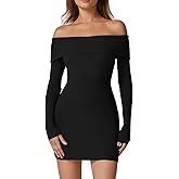QINSEN Women's Off The Shoulder Ribbed Knit Sweater Dress Folded Neck Long Sleeve Mini Dress 2024 Trendy Fall Outfits