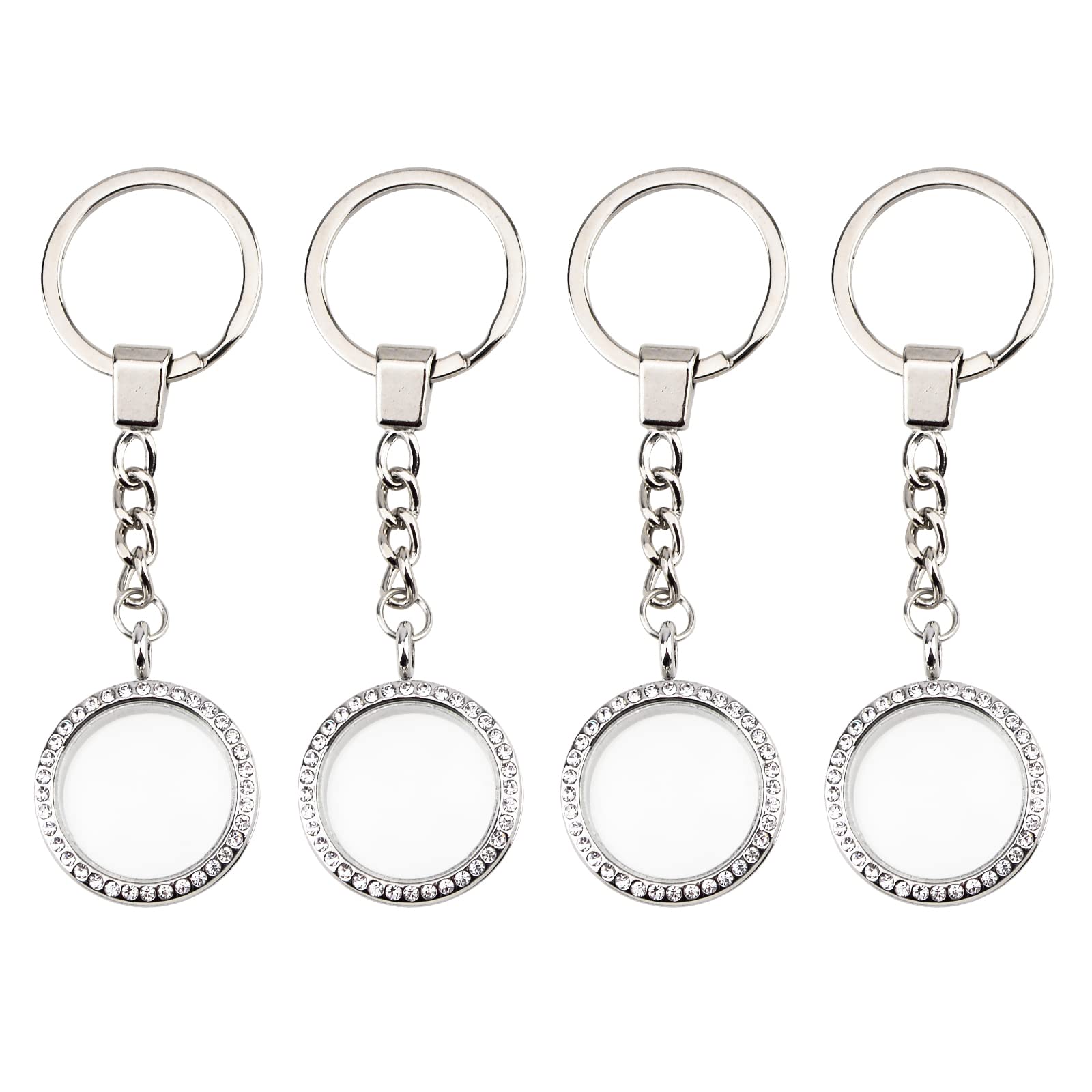 WANDIC Rhinestone Photo Charm Keychain, 4 Pieces Silver Round Memory Locket Key Chain Bridal Wedding Bouquet Charms for Photo or Decoration, 30mm