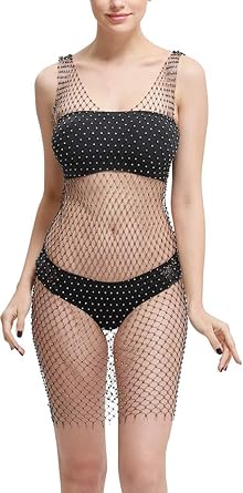 black fishnet rhinestone cover up dress