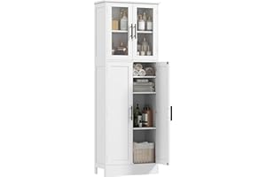 HOMCOM Tall Bathroom Cabinet with Glass Doors & 2 Cupboards, Space-Saving Unit with Adjustable Shelves, Freestanding Storage 
