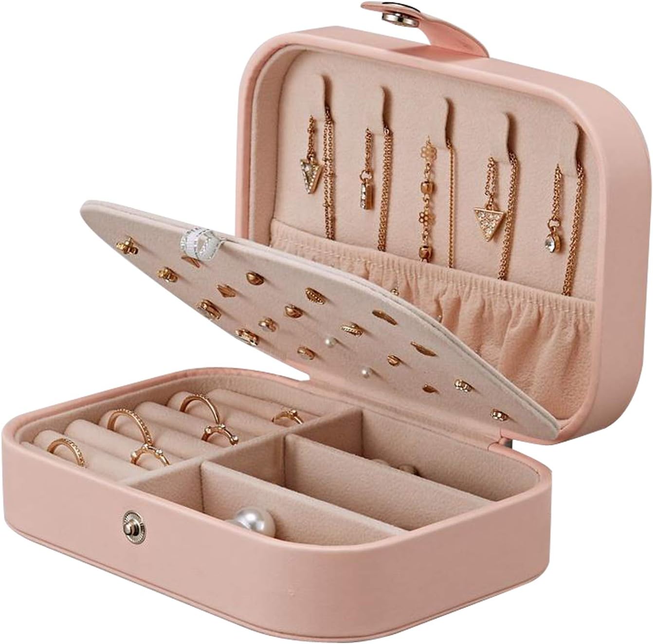Jewelry Box for Women, Portable Double-Layer Jewelry Storage Box, Earrings, Rings, Necklaces, Bracelets, PU Leather Compact Portable Jewelry Suitcase, Pink Jewelry Box: Home Improvement