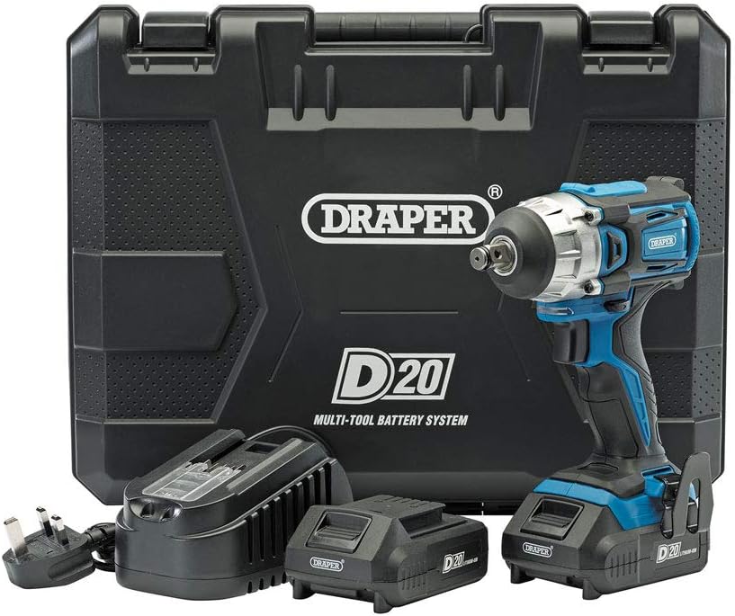 Draper 55343 D20 20V Brushless 1/2” Mid-Torque Impact Wrench with 2X Batteries, Blue
