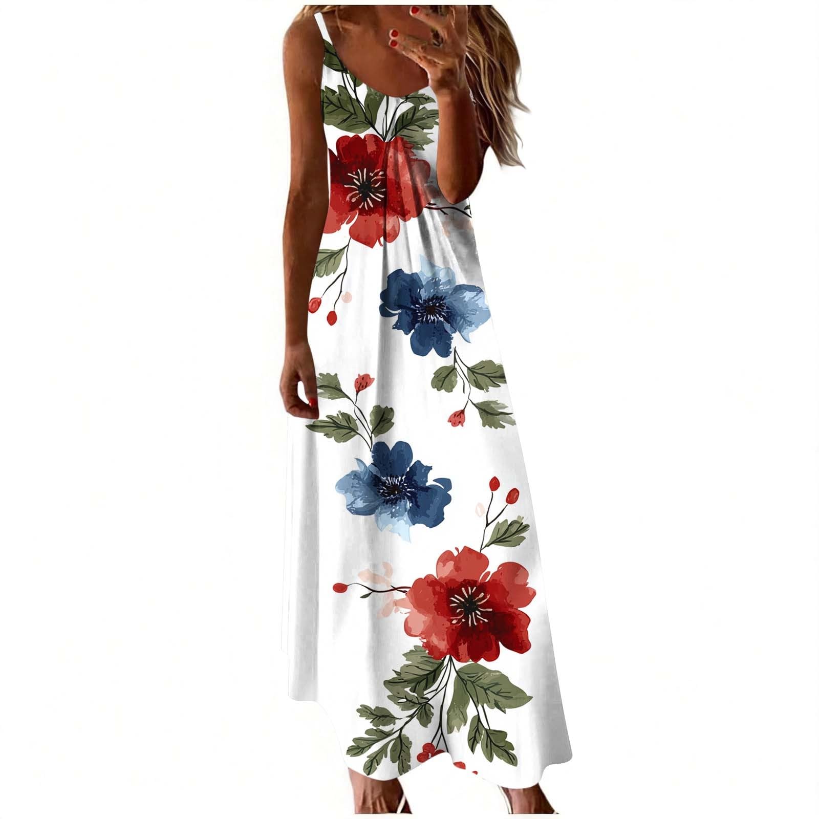 Sun Dresses for Women Casual Summer Boho Dresses A Line Floral Print Flowy Maxi Dress Beach Vacation Cami Dress