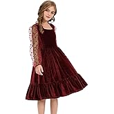 Lupieiae Girls Velvet Dresses Sheer Mesh Long Sleeve Square Neck A-Line Holiday Party Christmas Dress