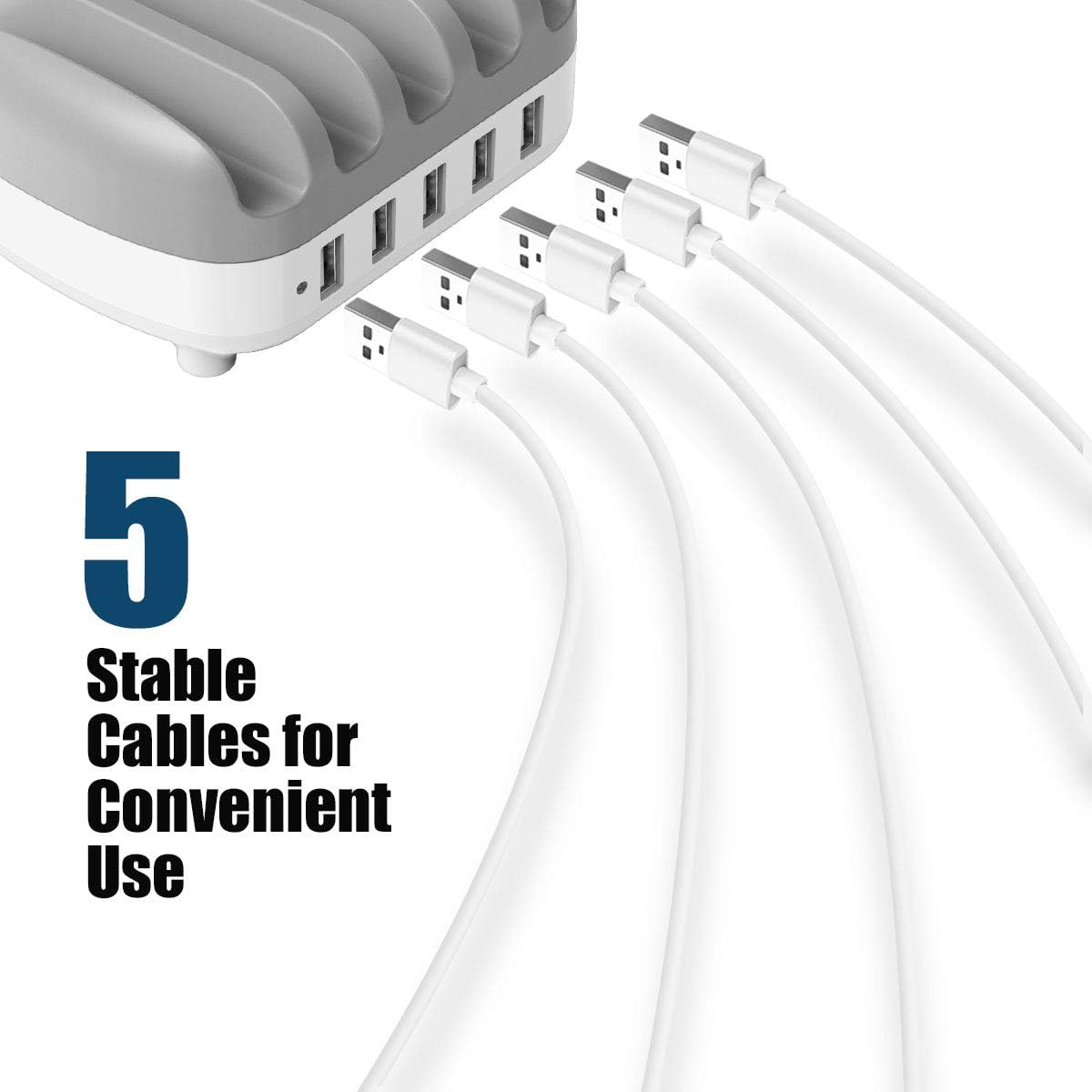 Charging Stations for Multiple Devices, Rekidm Fast Charging Stations Safe USB Charging 5 Ports Compatible with Apple iPhone iPad Products, Extra 5 Mixed Cables for Cell Phones, Smart Phones, Tablets: Electronics