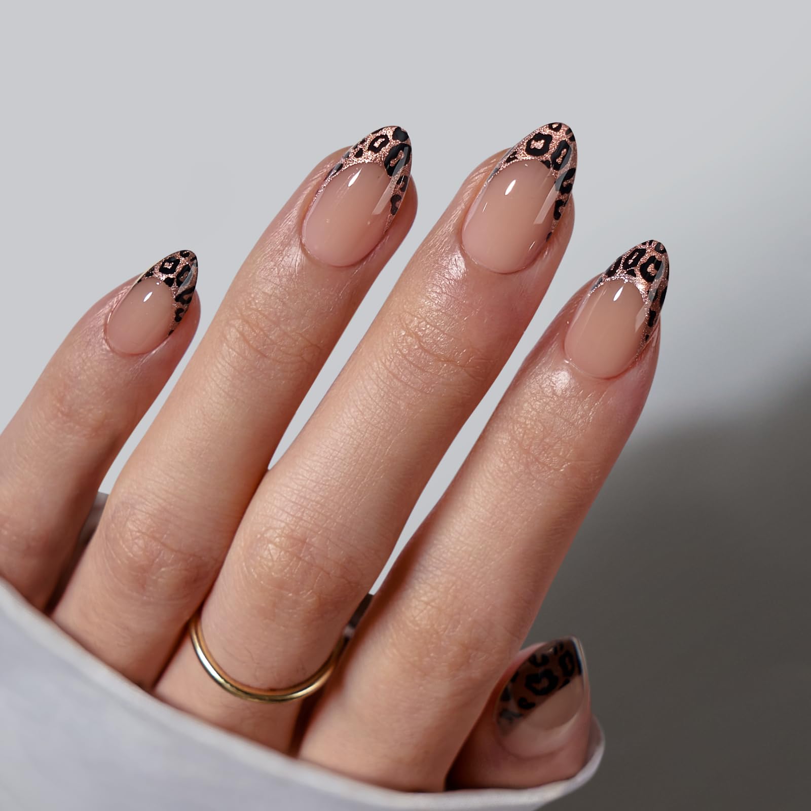 Photo 1 of BTArtbox Press On Nails Short - Lamp-Curable Leopard French Tip Almond Press On Nails with Glue for Women, Semi-Transparent Soft Gel Glue On Nails in 16 Sizes - 32 Stick On Nails Kit, Wild Cheetah