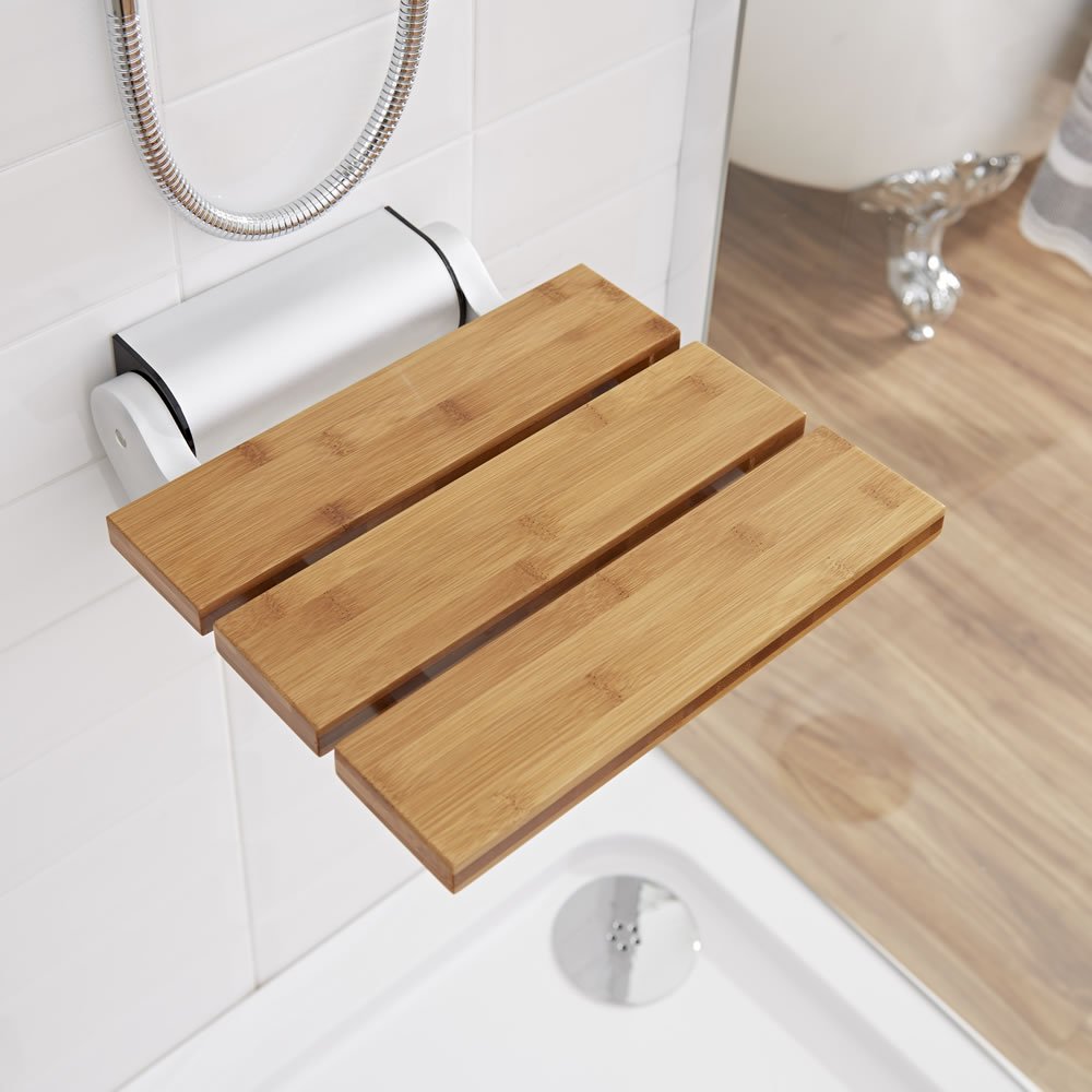 Modem Bamboo Wooden Folding Shower Seat Chrome Hinges & Narrow Base
