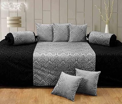 Handtex Home Premium Velvet Diwan Set of 8 Pcs(Content: 1 Single Bed Sheet, 5 Cushion Cover, 2 Bolster, Total - 8 Pcs Set) -Black-Grey
