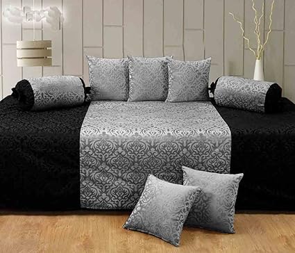 Handtex Home Premium Velvet Diwan Set of 8 Pcs(Content: 1 Single Bed Sheet, 5 Cushion Cover, 2 Bolster, Total - 8 Pcs Set) -Black-Grey