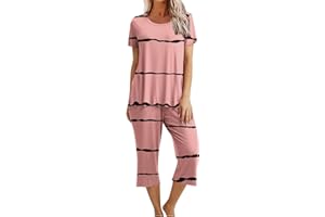 MRGIINRI Pajamas for Women 2023 Summer Trendy Short Sleeve Sleepshirt and Capri Pants Pjs Sets Loungewear with Pockets