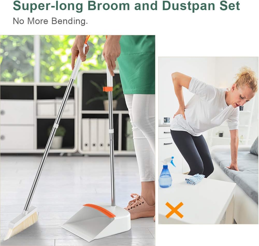 PRETTY SEE Broom and Dustpan, Broom and Dustpan Set with Floor Squeegee , Stainless Steel Long Handle and Lightweight Lobby Broom Combination, Vertical Dustpan, Very Suitable for Home: Garden & Outdoor
