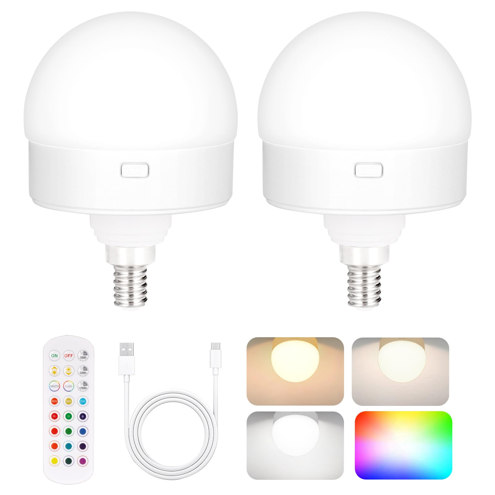 Photo 1 of Yochoice 2-Pack E12 Rechargeable Battery Operated Light Bulb with Remote, Dimmable LED Bulb with 15 Colors Selectable & 3 Timer, Wireless Detachable Puck Light Bulb for Wall Sconce, Non-Hardwired