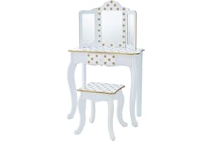 Teamson Kids Princess Gisele Polka Dot Print 2-Piece Kids Wooden Play Vanity Set with Vanity Table, Tri-Fold Mirror, Storage Drawer, and Matching Stool, White with Gold Polka Dot Accent
