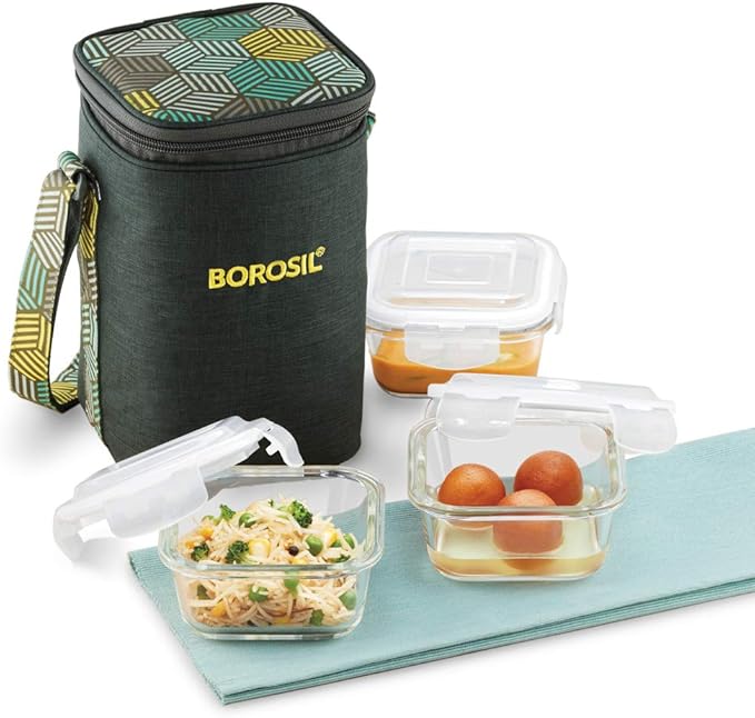 Buy Borosil Food Luck Glass Lunch Box Set of 3, 320ml, Square, Olive