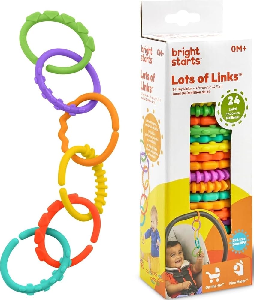 Bright Starts Lots of Links Rings Toys for Stroller or Carrier Seat, BPA-Free, Ages 0 Months Plus, Multicolor, 24 Count