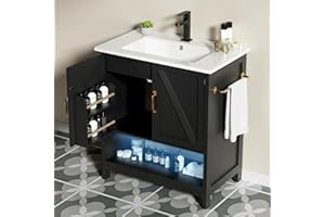 Naturoasis 30 Inch Bathroom Vanity with Sink, Farmhouse Undermount Vanity Sink with LED Light, Free Standing Bathroom Storage Cabinet Set,Double Soft Closing Cabinet Door, Black