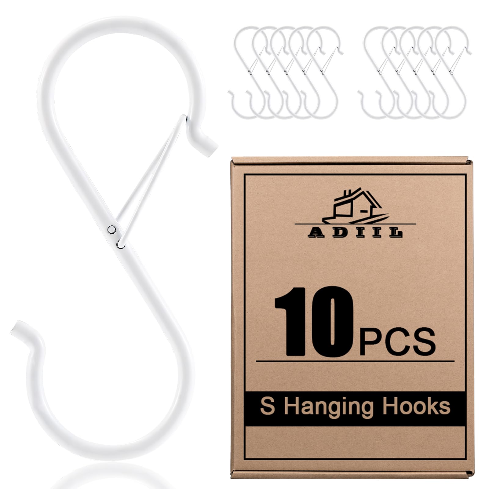 Photo 1 of ADIIL 10 Pcs S Hooks for Hanging with Safety Buckle, Heavy Duty Metal S Shaped Closet Hooks for Hanging Plants, Kitchen Utensils, Jeans, Bags, Pots, 3.75 Inch, White