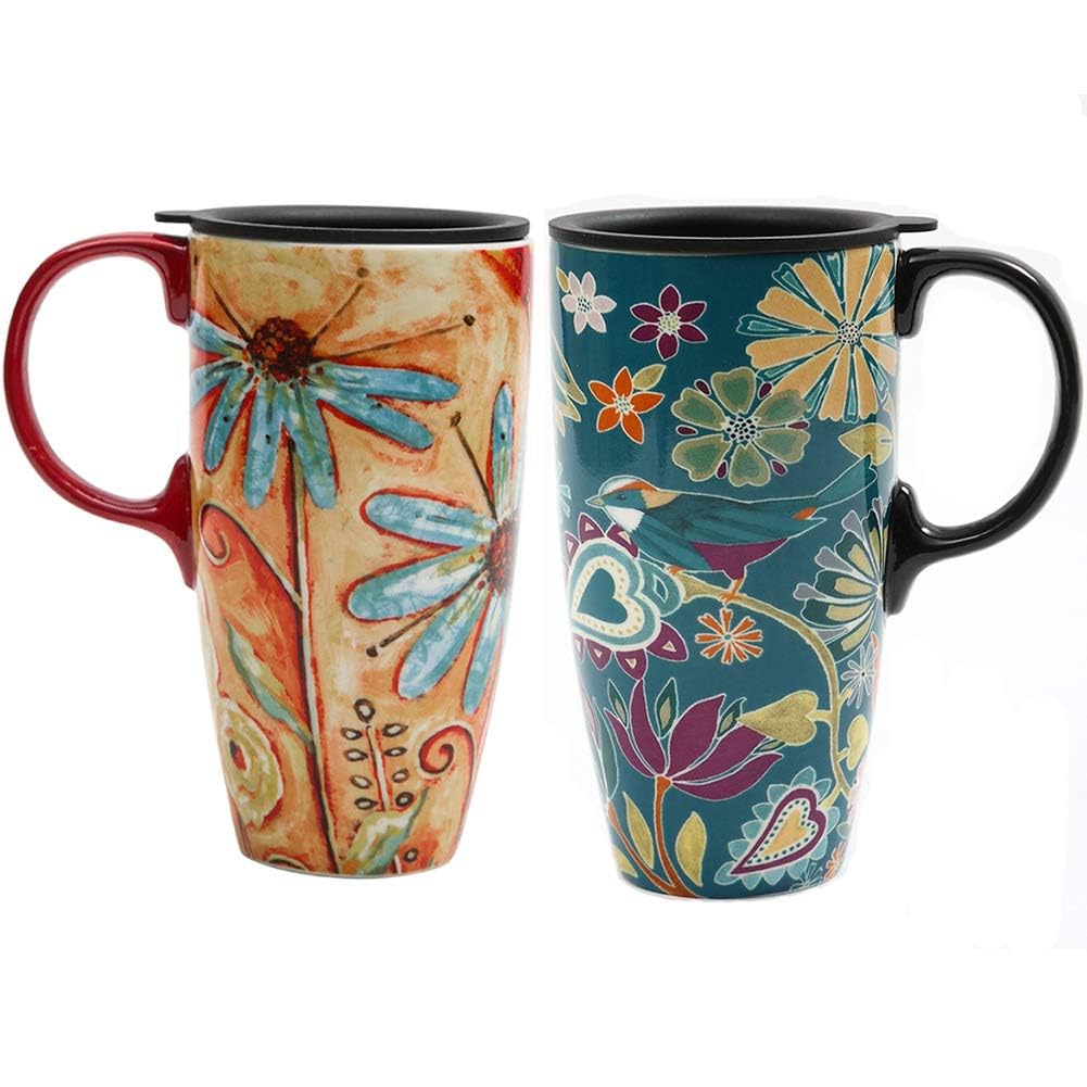 Topadorn Ceramic Mug Tall Coffee Cup with Lid Latte Mug with Handle for Home and Office 17oz. Set of 2