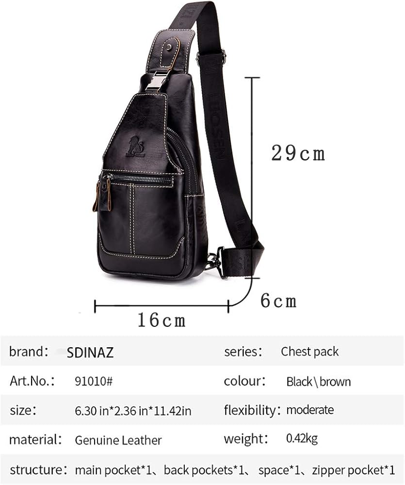 SIDNAZ Men's Genuine Leather Chest Shoulder Bag Vintage Multi Purpose Casual Travel Crossbody Bag UK898 Black - Image 4