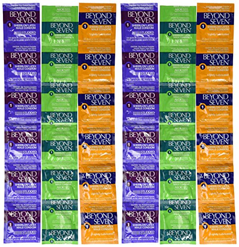 Beyond Seven Pure Pleasure Sampler Pack Including Ultra Thin, Ultra Thin Aloe Enriched, and Studded/Ribbed Sheerlon Lubricated Latex Condoms and Silver Pocket/Travel Case-36 Count