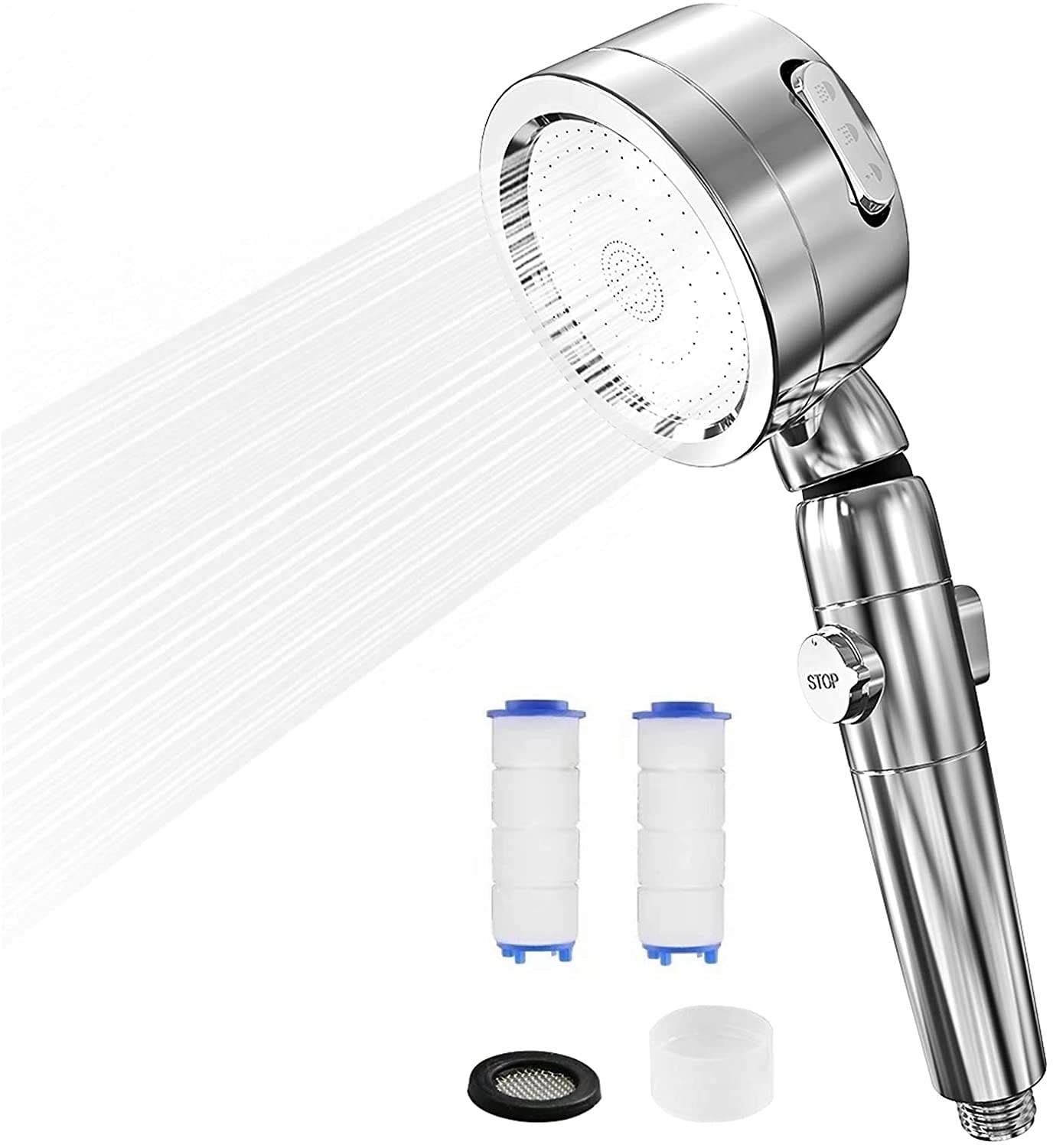 ZJT Shower Head，3 Modes Adjusted High Pressure Handheld Shower Chrome with a Stop Button，Contains Additional Replaceable Filter Element