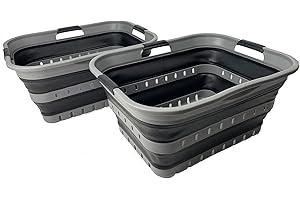 SAMMART 42 (11 Gallons) Collapsible Plastic Laundry Basket, Foldable Pop Up Storage Container/Organizer, Space Saving Hamper, Portable Bin for Dorm Room Bathroom (2, Grey/Black)