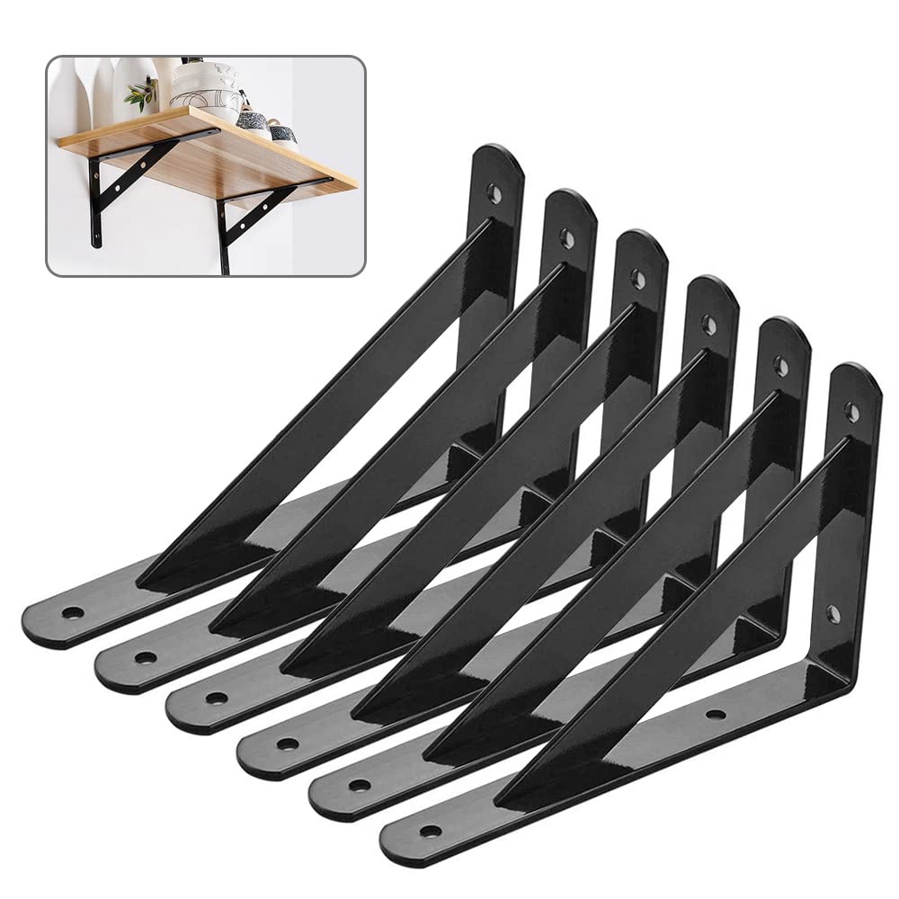 Shelf Wall Bracket Heavy Duty 6 Pack, Cold-Rolled Steel Triangle Shelf Supporters 6 inches Black for Bookshelf Kitchen Garage