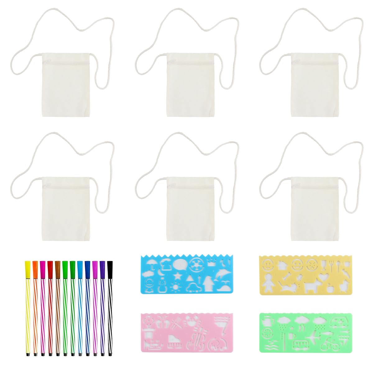 Durlo A Set Of Fabric Bags for Painting, 17 X 13 Cm Shoulder Bag,with 6 Bags 4 Painting Templates and 12 Colour Crayons,beige