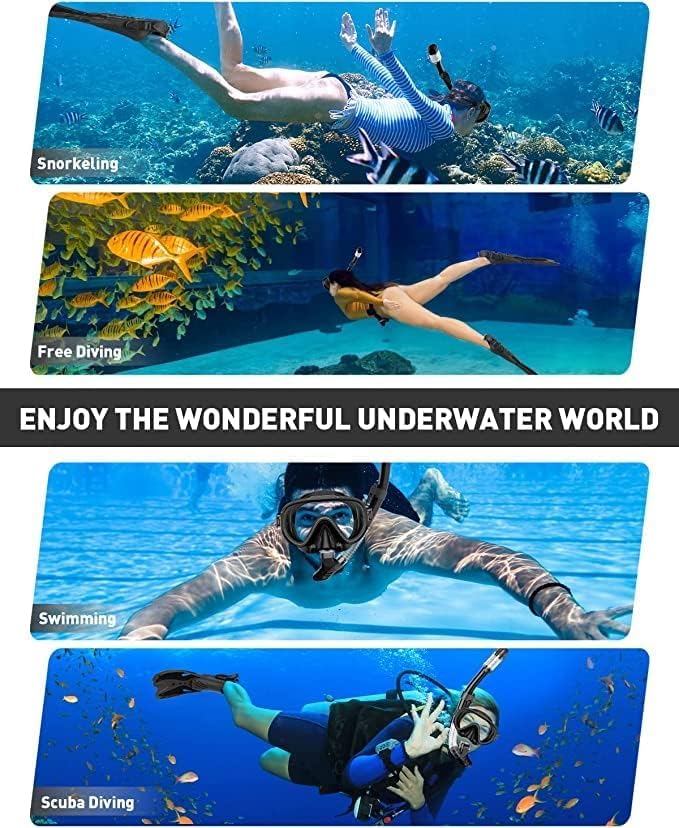 EMSINA Mask Fin Snorkel Set with Adult Snorkeling Gear, Panoramic View Diving Mask, Trek Fin, Dry Top Snorkel +Travel Bags, Snorkel for Lap Swimming