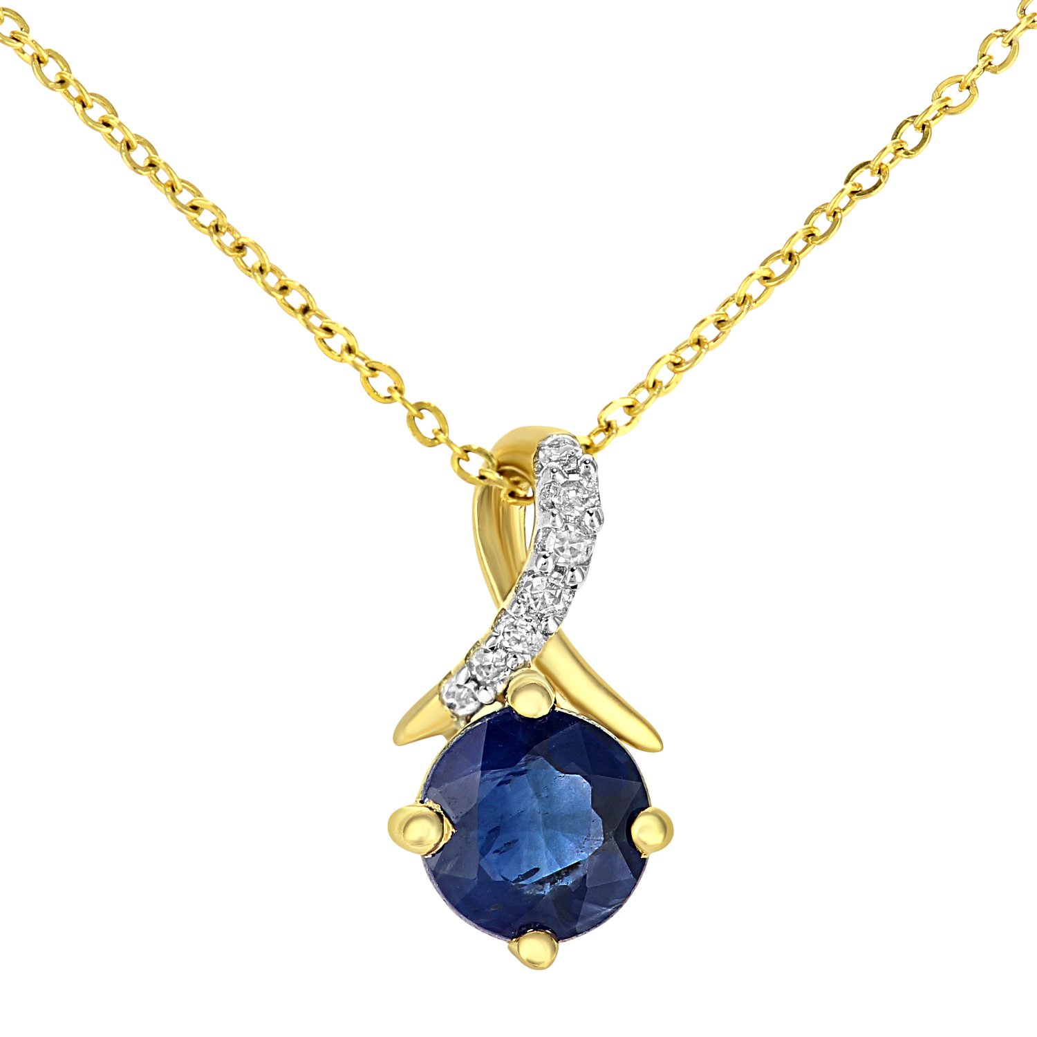 Naava 9ct Yellow Gold Round Sapphire and Diamond Twist Pendant Necklace of 46cm