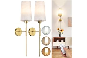 Nooknova Battery Operated Wall Sconce Set of 2, Rechargeable Wall Sconce With Remote Dimmable Wireless Battery Powered Wall Lamp Decor Fixture For Bedroom Living Room White Fabric Shade Included Bulbs