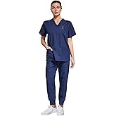 VOGRYE Scrubs for Women Set - Stretch V-Neck Scrub Top & Jogger Pant with 8 Pockets