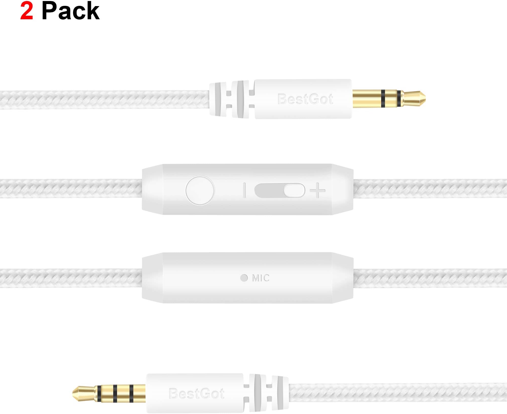 BestGot Headphone Cable 3.5mm Audio Cord with Microphone in-line Volume (4.3ft / 1.3m) for PS4 Controller, Headphones, Home/Car Stereos and More(2-Pack White)