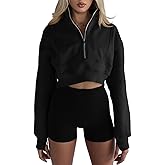 Fisoew Women's Half Zipper Cropped Sweatshirts Casual Long Sleeve Tops With Thumb Hole